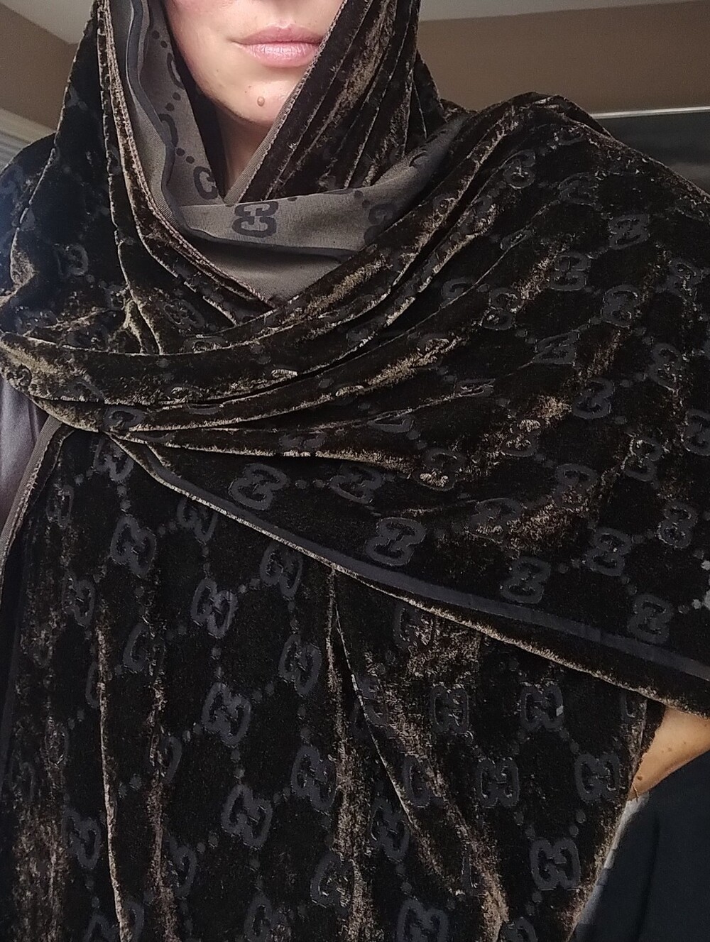 Gucci Brown Velvet GG Logo Wrap Scarf